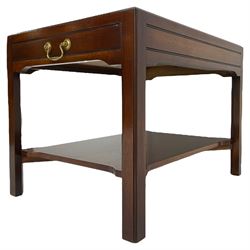 Mahogany side table or end table, the dished rectangular top with moulded edge, fitted with single end drawer, moulded square supports with inner chamfer united by under-tier 