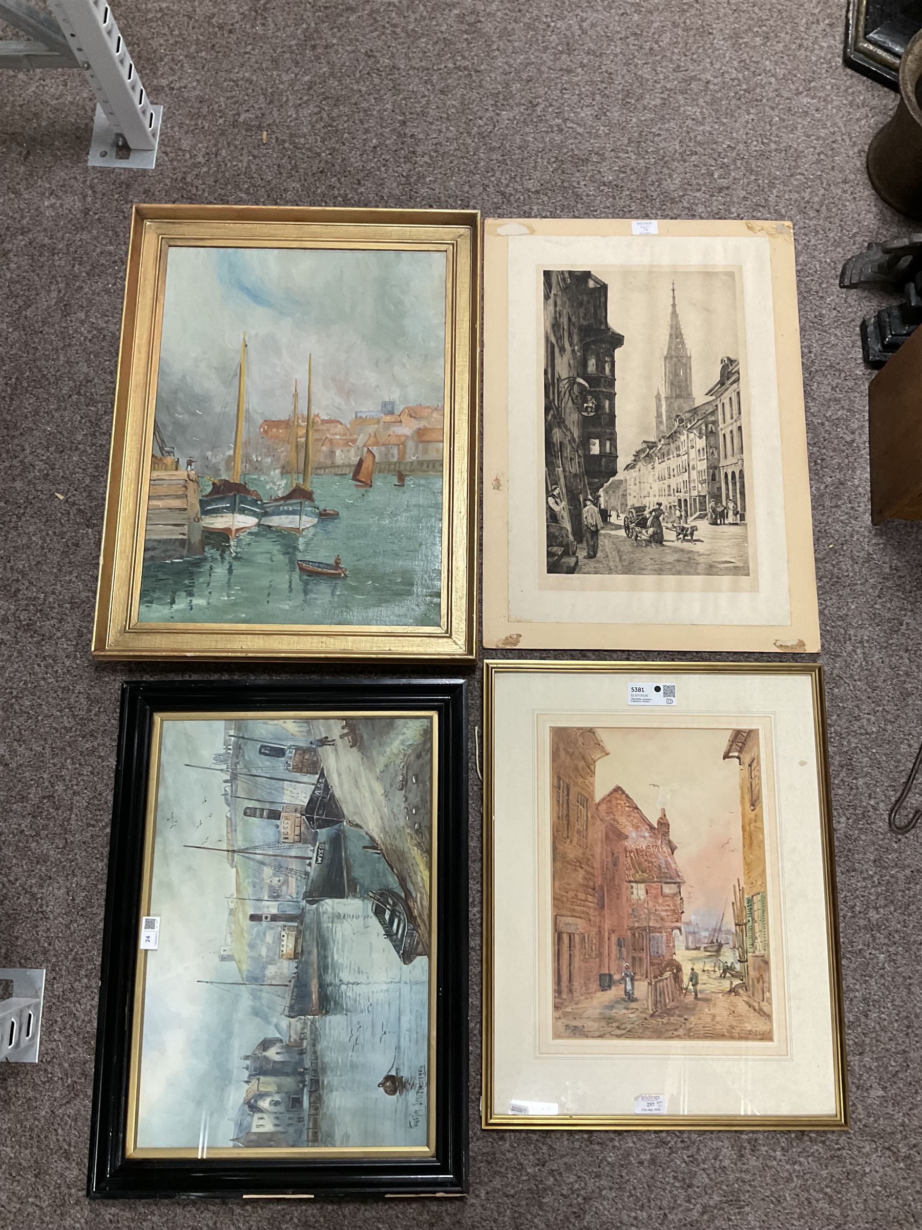 Collection of Whitby themed pictures, to include Edward Nevil (British fl.1880-1900): 'Tin Ghaut - Whitby', watercolour; A White (British 19th century): Anchored Sailboats, oil on canvas, variously signed titled and framed max 55cm x 40cm (10)