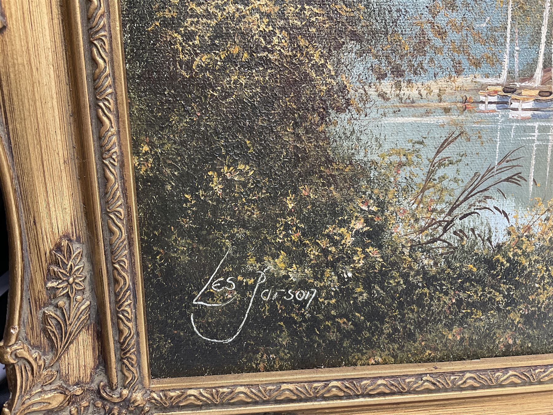 Les Parson (British 1945-): Young Boys Playing on the Lake and Moored Sailing Boats, two oils on canvas signed max 50cm x 76cm (2)