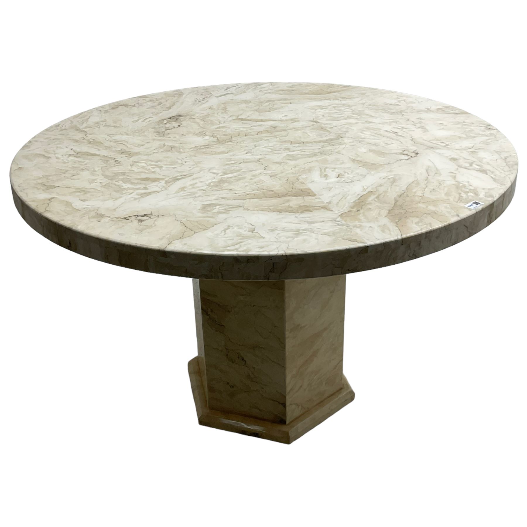 Classical design marble dining or centre table, circular top raised on hexagonal pedestal base