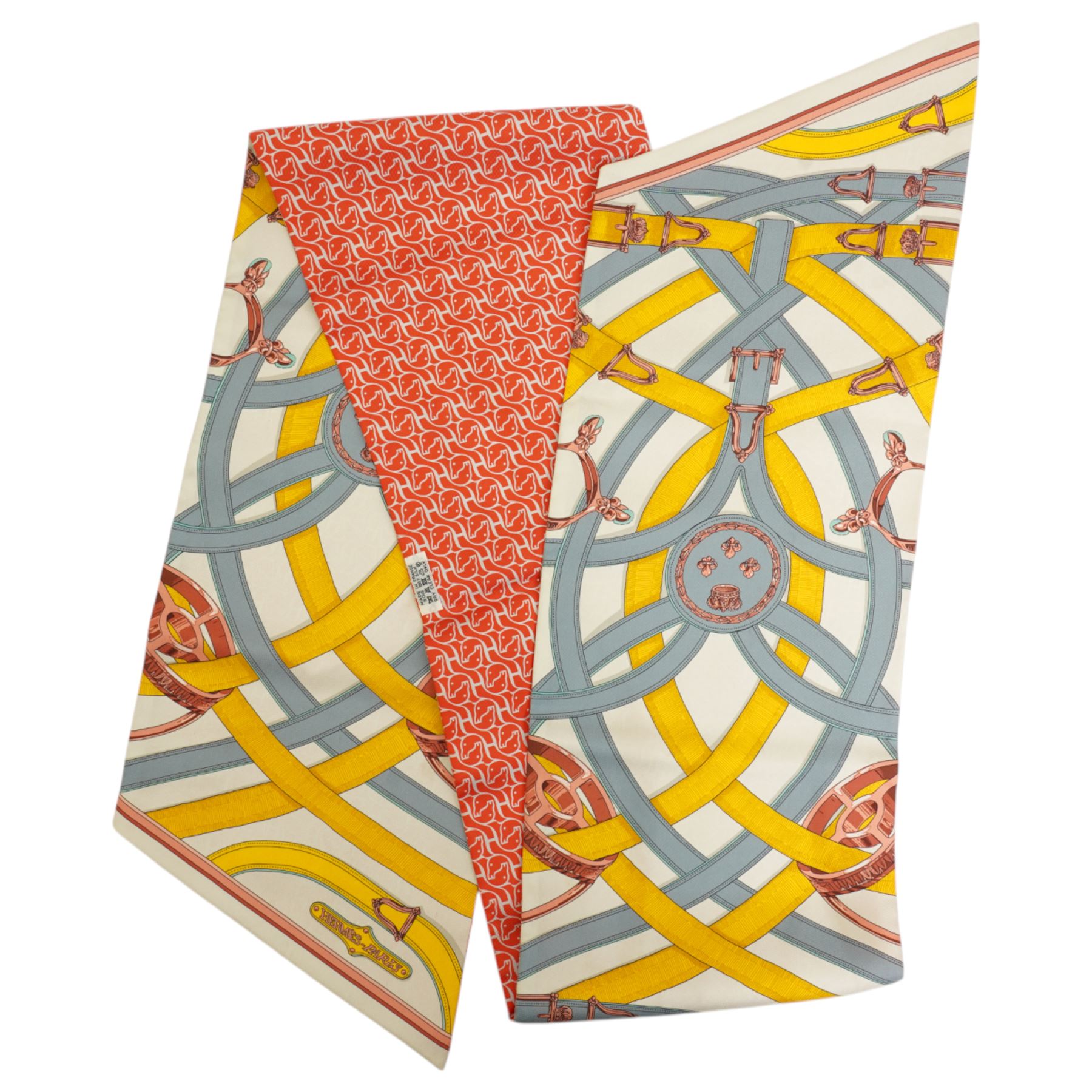 Hermes 'Cavalcadour' maxi twilly silk scarf, in pink yellow and blue colourway, designed by Henri d'Origny, 156cm x 20cm, in original Hermes box
