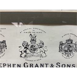 Framed display of three trade gun case labels for Joseph Lang & Son, Henry Atkin and Stephen Grant & Sons, mounted in Hogarth style frame 56 x 25cm