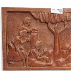  African carved wooden plaque with figures, tree etc 34cm x 81cm