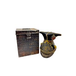 16th Queens Lancers Officers Lance Cap, black leather body with gilt braid lace and gilt wire braiding to the peak, officers silver gilt helmet plate to the front, the black cloth mortar board top with thick bullion wire, the bullion socket holder with embroidered GR cipher to the centre, lion head side bosses with velvet backed linked chinstrap, interior with leather sweatband and cloth lining, marked Carter & Co Pall Mall, the helmet is housed in japanned storage tin with brass plaque engraved “Lieu H L Evans, 16th Lancers'