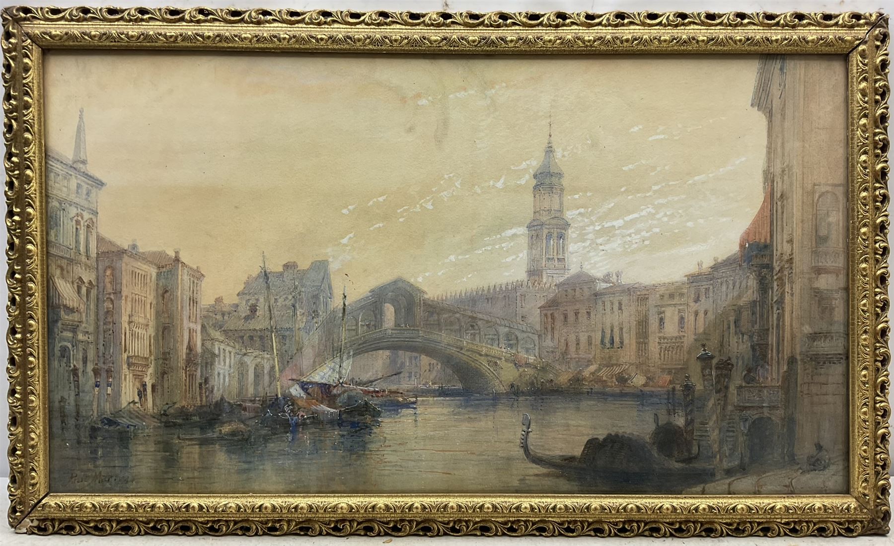 Paul Marny (French/British 1829-1914): Rialto Bridge Venice, watercolour heightened in white signed 49cm x 90cm
