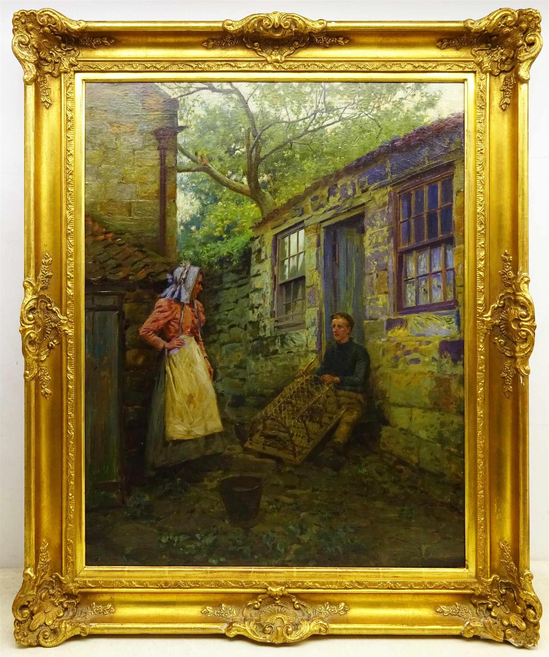 Ernest Higgins Rigg (Staithes Group 1868-1947): Mending the Lobster Pot outside Spout Cottage Runswick Bay, oil on canvas signed 90cm x 70cm