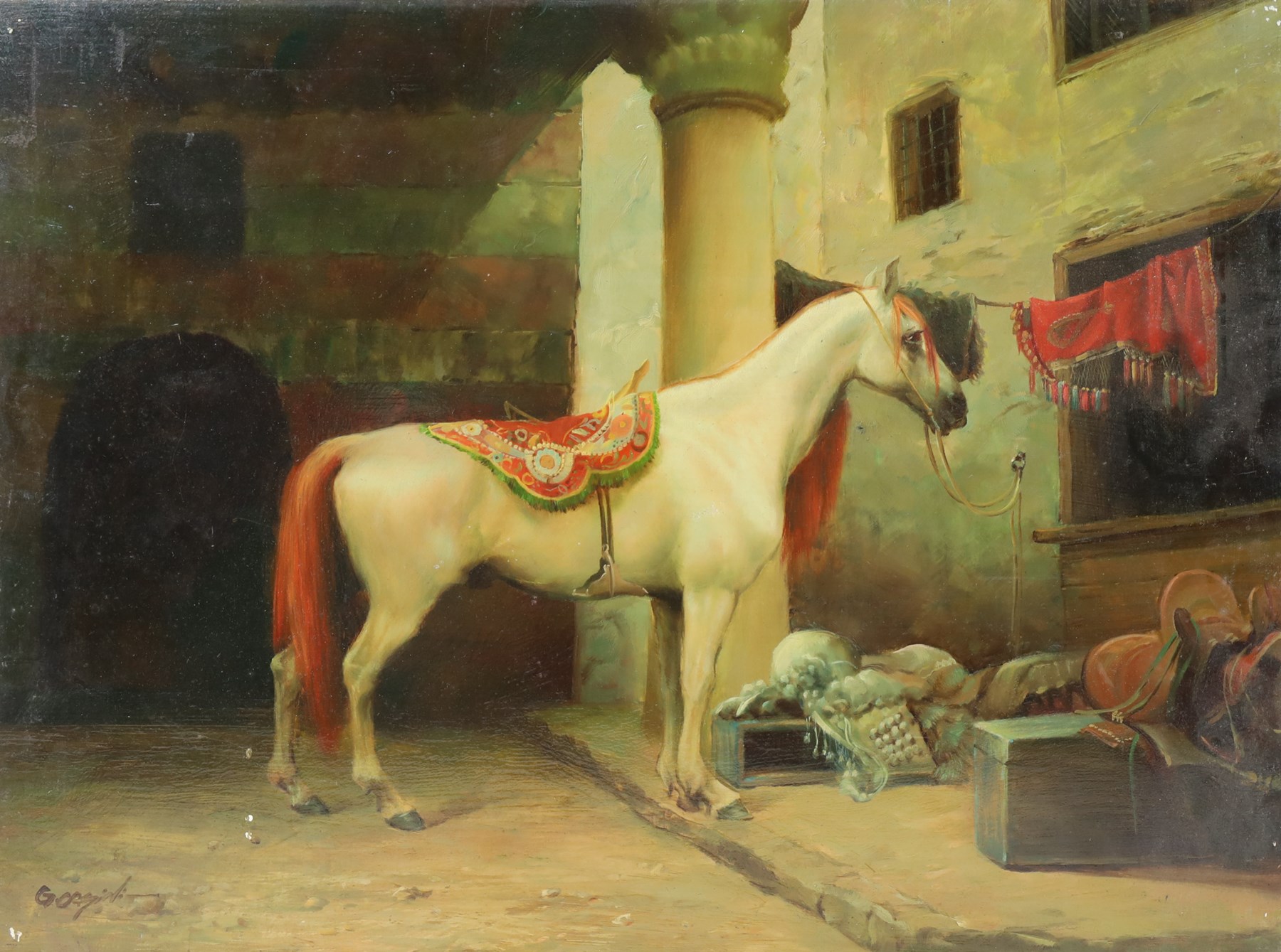 After Jean-Léon Gérôme (French 1824-1904): The Saddle Bazaar - Cairo, oil on panel indistinctly signed 30.5cm x 40.5cm; F Piranesi after Oriental School (19th century): Arabian Warrior on Horseback, oil on panel signed 40.5cm x 30.5cm (2) (unframed)