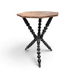 Three antique gypsy tables on bobbin-turned supports