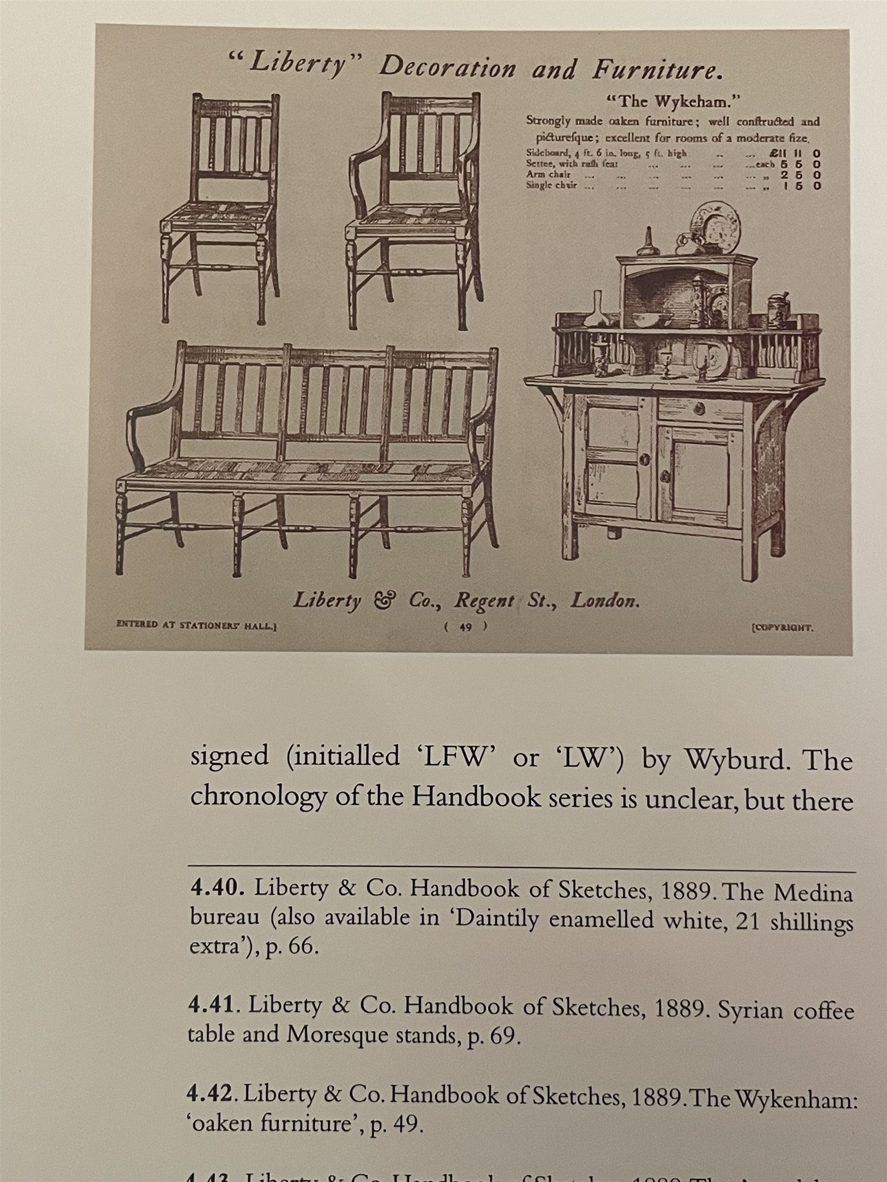 Liberty & Co. London - circa. 1890s ‘The Wykeham’ settle or bench, reeded frame and rush seat, on turned supports united by turned stretchers

The promotional sketch for ‘The Wykeham’ range can be seen in the ‘Liberty & Co. Handbook of Sketches, 1889’ p.49. It is also reproduced in Daryl Bennett’s ‘Liberty’s Furniture 1875-1915 […]’ p.106. Referred to as ‘The Wykenham: ‘oaken furniture’’. See images. 

