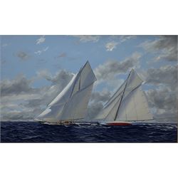 James Miller (British 1962-): 'Shamrock IV' & 'Resolute' in the America's Cup 1920, oil on canvas signed, titled verso 42cm x 68cm