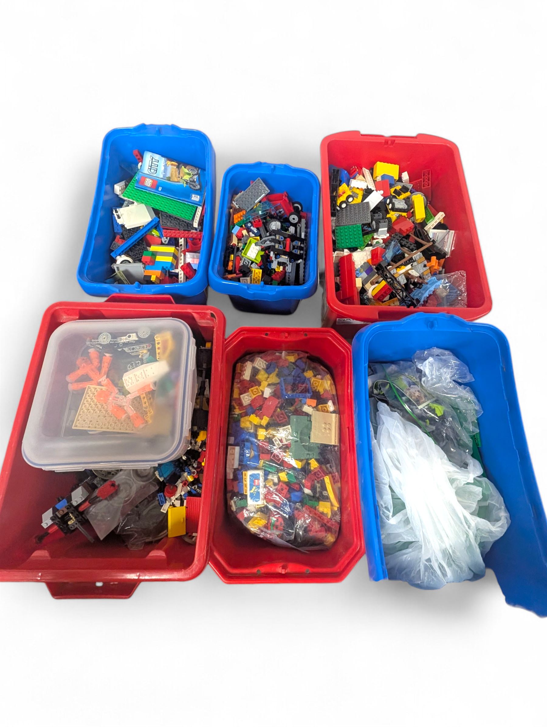 Large collection of loose Lego in six coloured plastic boxes