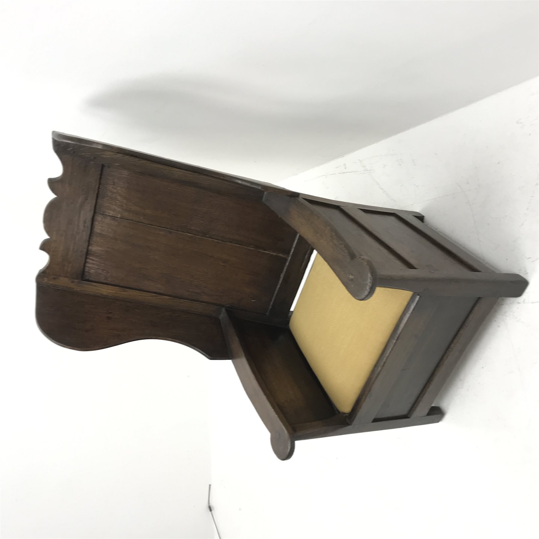 18th century Yorkshire Dales oak lambing chair, shaped cresting rail above panelled wing back, panelled sides and front, drop in upholstered seat cushion, W65cm, H111cm, D80cm