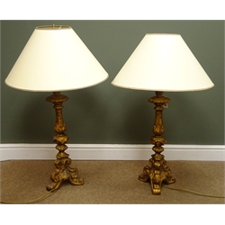  Pair Florentine style lamps on scroll tripod base with shades, H64cm excluding fitting   