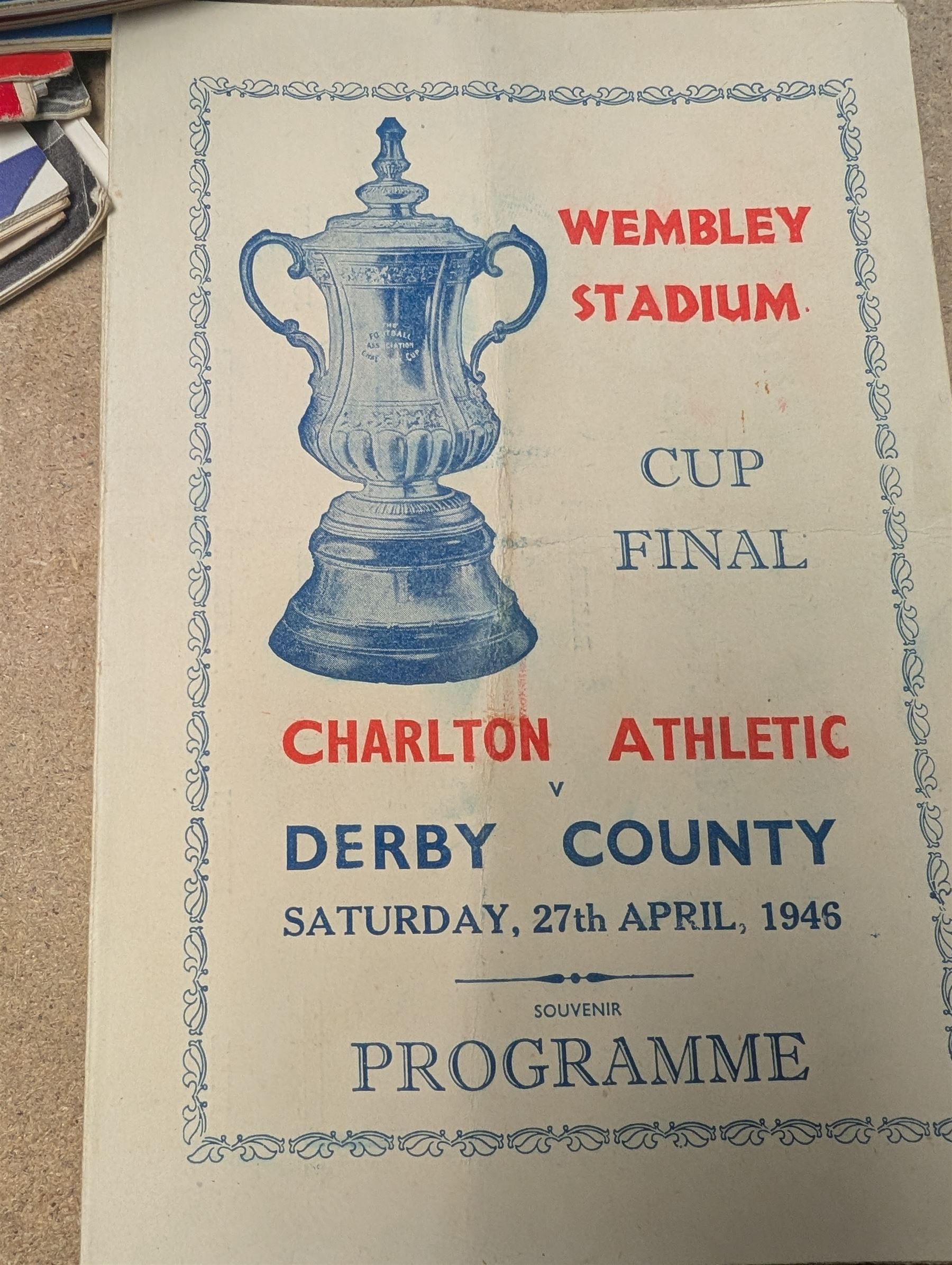 1946 FA Cup Final football programme Derby County vs Charlton Athletic with a ticket stub for the final, together with approximately 170 football programmes from 1950s-1970s, including FA Cup and International examples