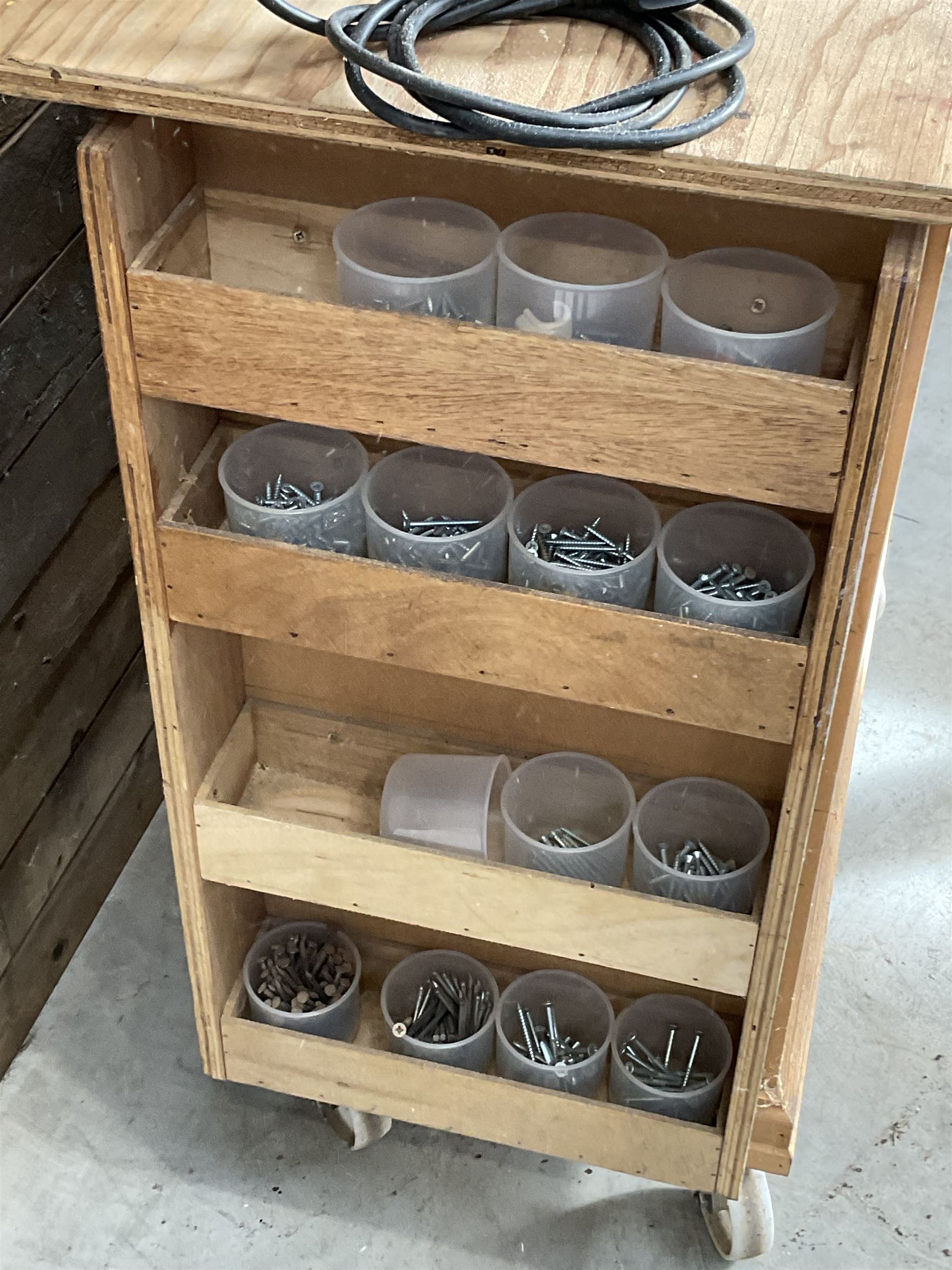 Makita LS0815FL chop saw, with wooden trolley