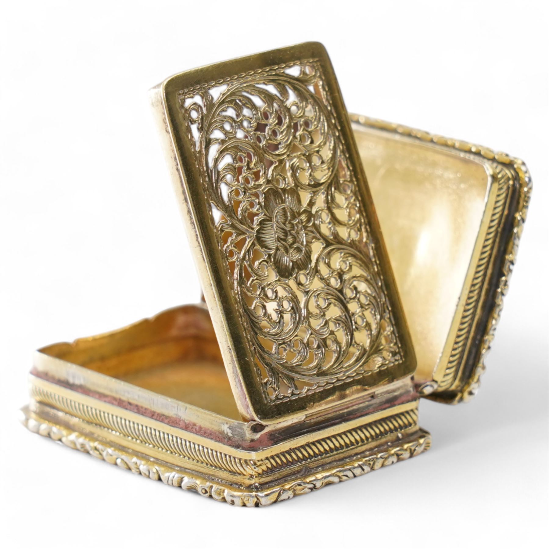 George IV silver gilt vinaigrette with pierced and engraved hinged grille, exterior vacant cartouche and engraved decoration Birmingham 1828 Maker Thomas Parker