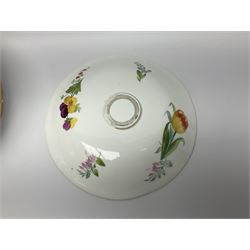 Victorian Copeland, Botanical dessert service, decorated with floral sprigs to the centre with a pink and gilt border, comprising five comports and seven plates, largest comport H20cm, plate D22cm