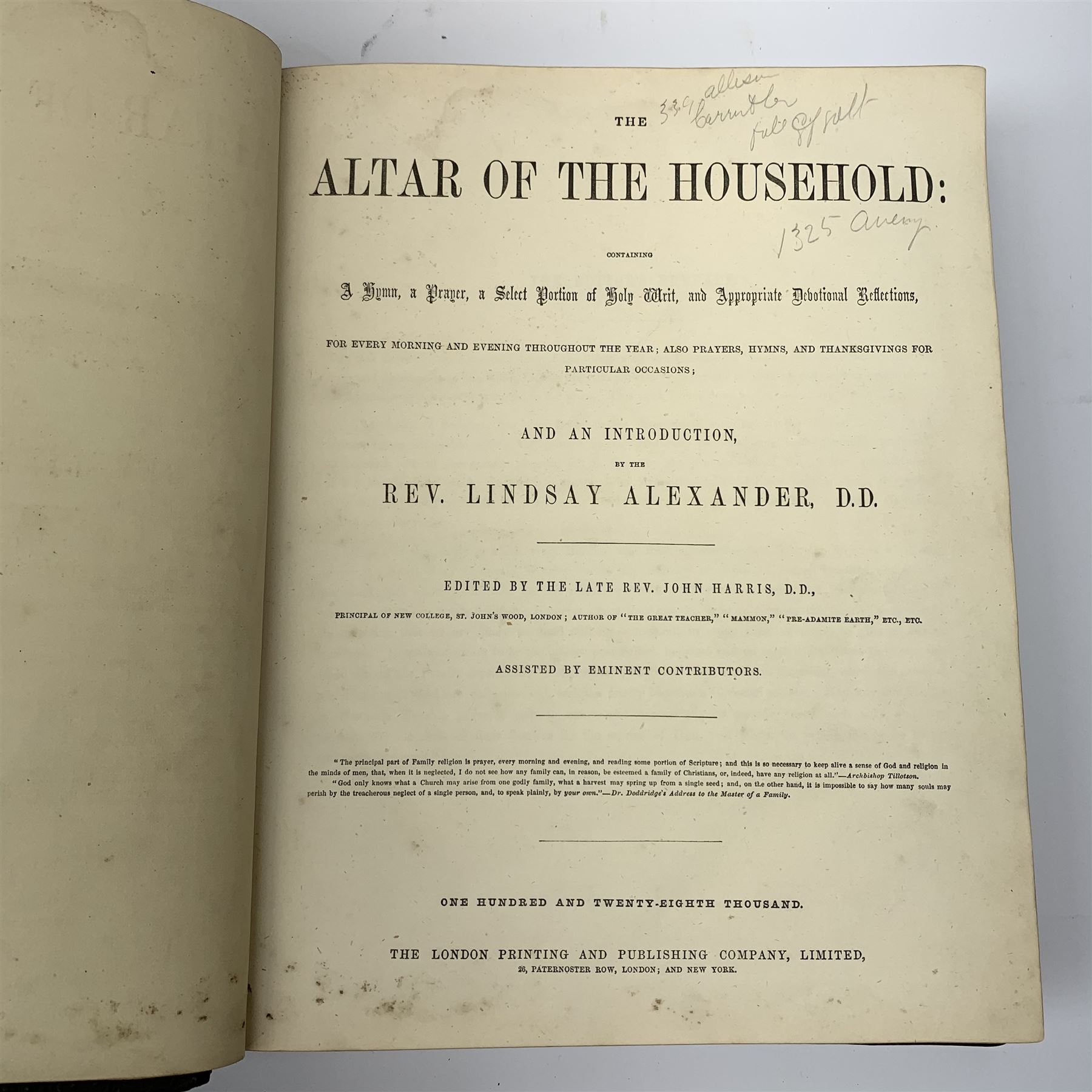 Victorian Rev. John Eadie leather bound Family Bible; three other Victorian leather bound Bibles; and another Victorian leather bound book The Altar of the Household edited by the late rev. John Harris (5)