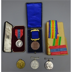  WWl pair to 21919 Pte.R Hardy E,York. R with Ribbons, Imperial Service Medal to Henry Robert Hardy for 39 years telephone service, with paper cutting in case, Hull Education Committee attendance Medal to Harold Beecroft in case and a Defence medal, (5)  