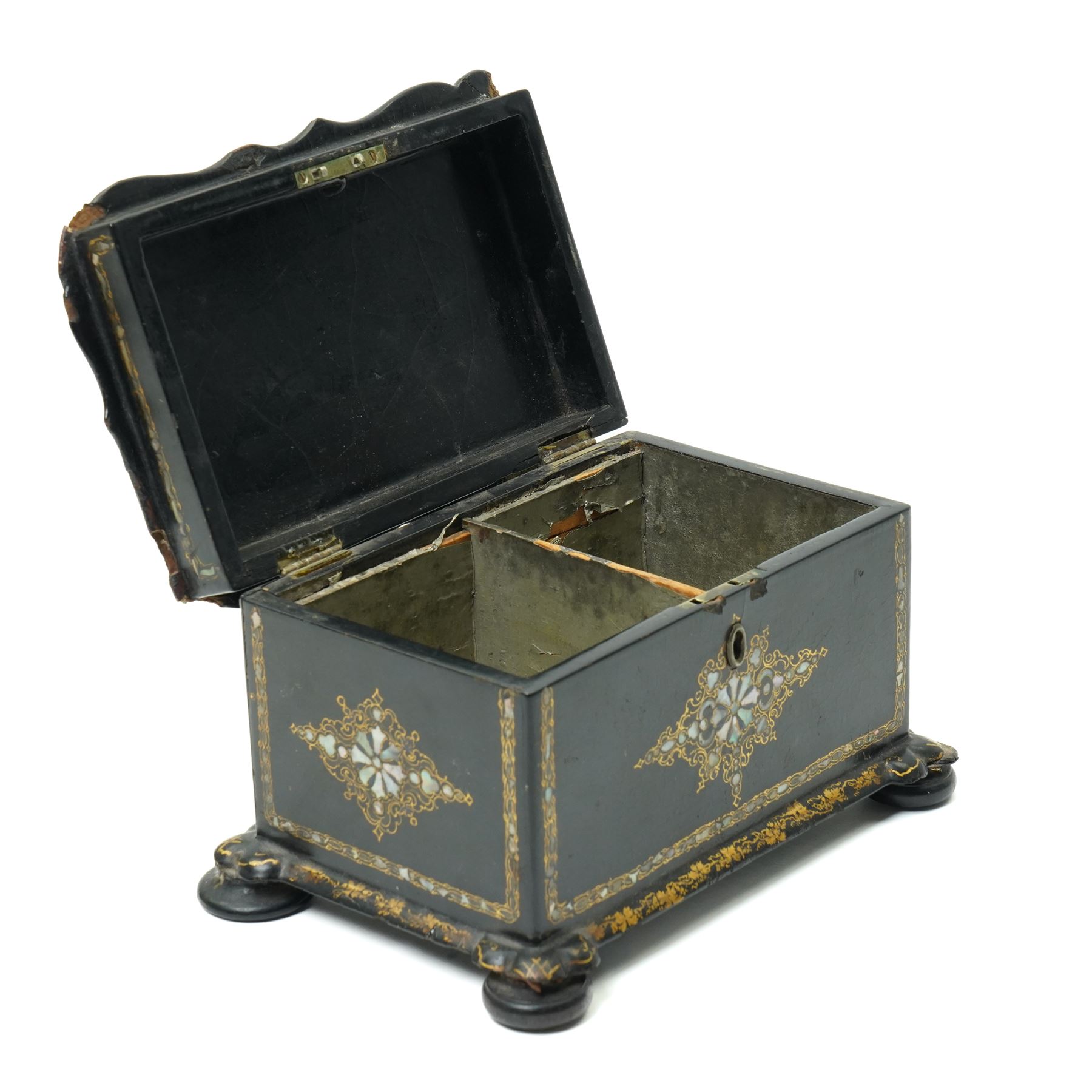 Victorian papier mache tea caddy inlaid with mother of pearl and gilt on compressed bun feet W20cm