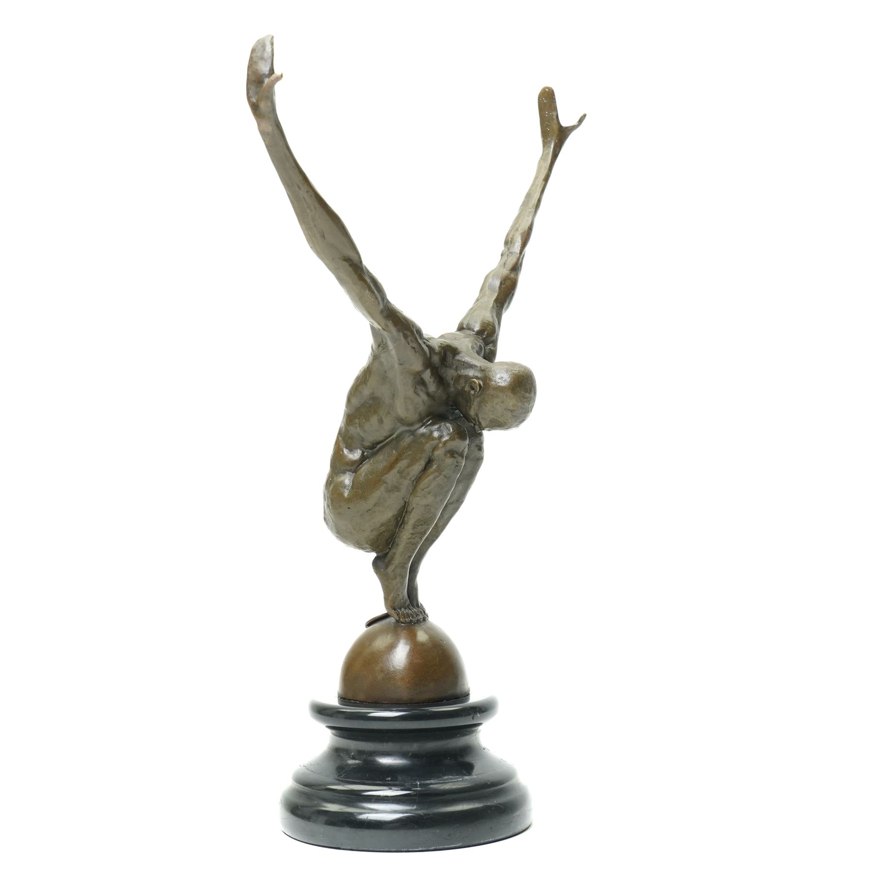After Milo - bronze figure of a man in perfect balance, bearing signature and foundry mark, overall H28.5cm