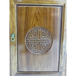 Chinese rosewood corner display cabinet, upper glazed illuminated cabinet above lower cupboard