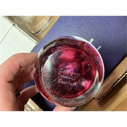 Caithness 'Fireball' paperweight, together with four cased Tyrone Crystal glasses, glass oil lamp, three glass decanters etc, in two boxes