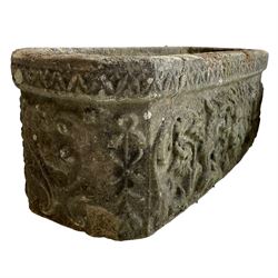 Pair of cast stone garden planters, canted rectangular form with moulded edge, decorated with lion mask flanked by extending acanthus leaf scrolls