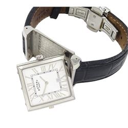 Rotary Revelation reversible night and day gentleman's stainless steel quartz wristwatch, silvered dial with Roman numerals, reversing to a second black dial with baton hour markers, both with subsidiary seconds dials, on original black leather strap, with fold-over clasp, boxed with guarantee dated 2008