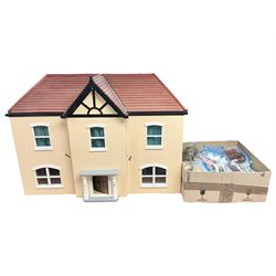 Scratch-built wooden doll's house of double fronted form with simulated stucco walls under a faux tiled hipped roof with guttering and valleys, central gable to the front and dormer window to the rear, the triple hinged front elevation with central door flanked by two columns opening to reveal an entrance hall with stairs to landing and four rooms on two floors, the rear elevation with single hinged door giving access to a ground floor fitted scullery and first floor fitted bathroom, the hinged dormer window opening to an attic bedroom; wired for electrical lighting L94cm D40cm H70cm; together with a large quantity of good quality wooden furniture, accessories, rugs and dolls, some new and unused and some older pieces, including boxed Christmastime fire-surround, ceramics and 'glassware', metalware, clocks etc