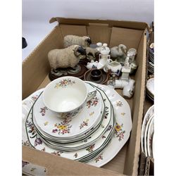 Two Border Fine Arts figures of sheep, Royal Doulton Old Leeds Spray pattern dinner wares, Crested Ware, Beswick figure of a cat, Imari pattern style tea wares, studio pottery etc in two boxes