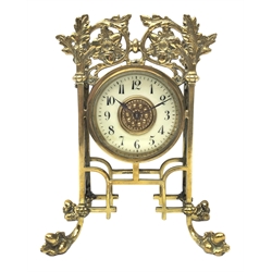  Victorian brass mantle timepiece, drum movement with cream Arabic dial in oak leaf cast openwork frame on acorn feet, H24cm  