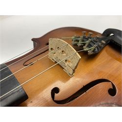 Chinese Parrot violin with 35.5cm two-piece back; L59.5cm in carrying case; and early 20th century German violin for restoration; bears label 'Antonius Stradivarius Faciebat Anno 1730'; cased with bow (2)