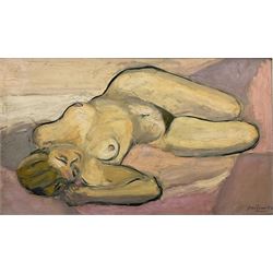 Druie Bowett (British 1924-1998): Sleeping Female Nude, oil on canvas signed and dated '57, signed and dated on the stretcher with 1958 studio stamp 63cm x 108cm 