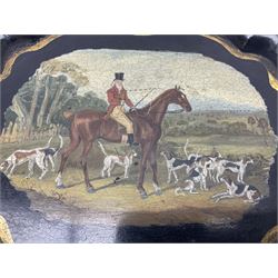 Victorian Jennens and Bettridge papier mache tray, with gilt scalloped edge  and hand painted decoration with a hunting scene, H28cm, L37cm