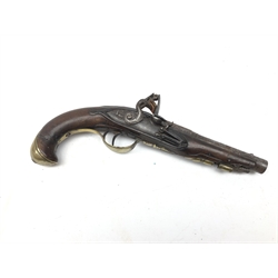  19th century flintlock pocket pistol, 9cm plain steel barrel, action with push safety, engraved brass trigger guard and butt plate, shaped walnut stock, L27cm,   