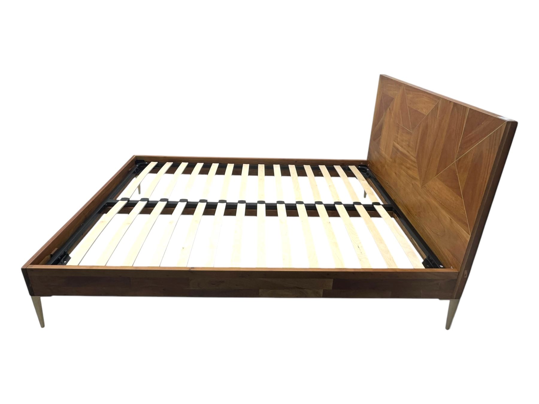 Barker & Stonehouse - contemporary chestnut king size bed frame, with geometric inlaid headboard and brass detailing, slatted base and tapered brass effect legs, together with Dreams ‘Reynolds 1000’ pocket sprung mattress