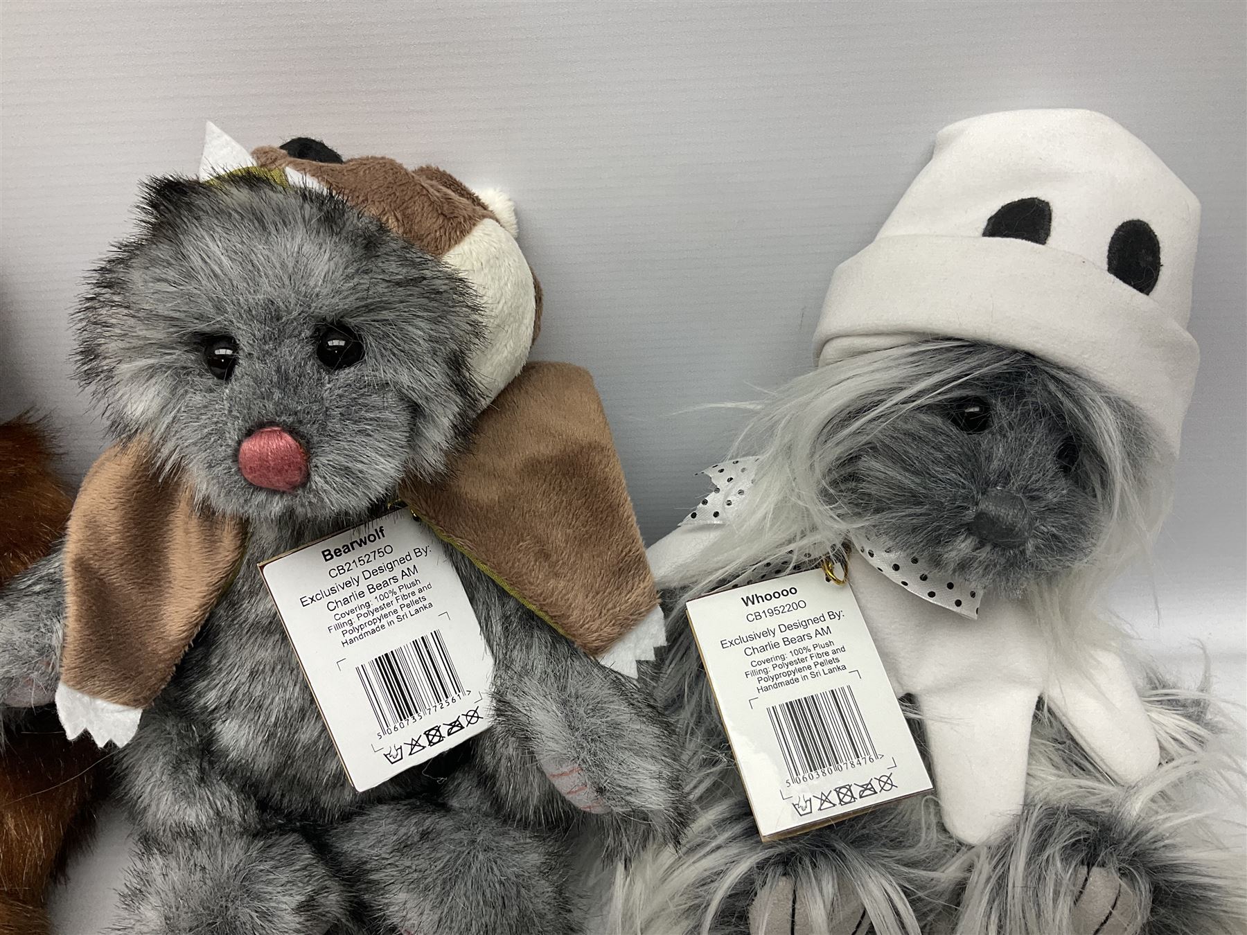 Six Charlie Bears, comprising Nutmeg CB621329, designed by Isabelle Lee, Toadstool CB195166, Pom Pom CB175154B, Whoooo CB195220O, Bandage CB215274O, and Bearwolf CB215275O, all with tags 