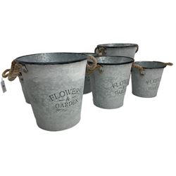 Set of three graduating galvanised metal 'Flowers & Garden' buckets