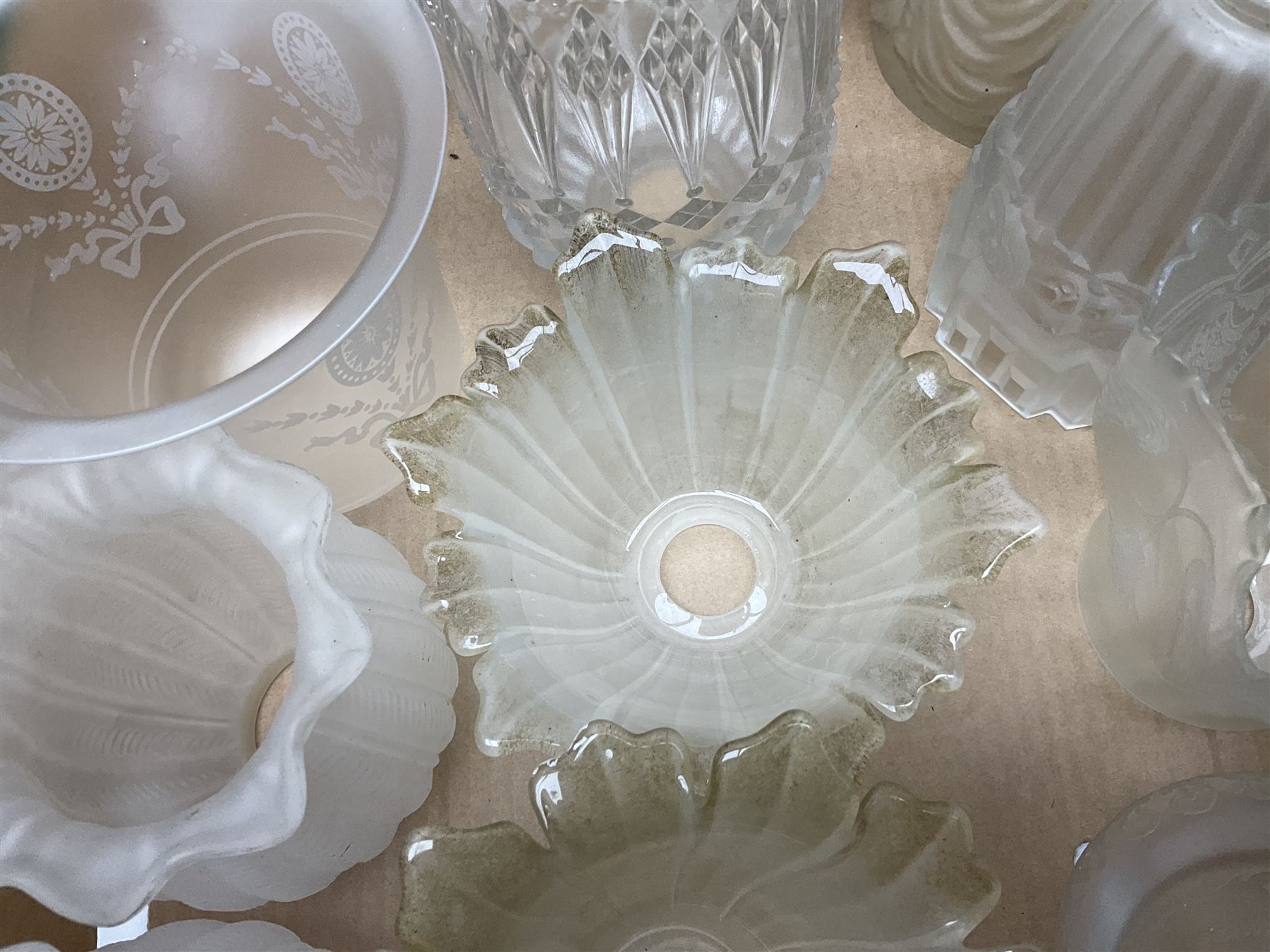 Five frosted glass Flambe lamp shades, together with three similar smaller examples and two coloured examples, and a quantity of other glass lampshades
