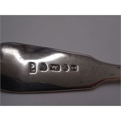 George III Exeter silver Old English pattern table spoon, engraved with foliate decoration, initials and dated 1784 to terminal, hallmarked Exeter 1783, maker's mark indistinct, together with Newcastle silver Fiddle pattern butter knife, hallmarked John Walton, Newcastle 1823, Victorian Exeter silver spoon, engraved with floral design to underside of bowl, hallmarked Josiah Williams & Co, Exeter 1875