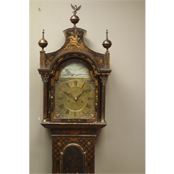  Small 19th century black lacquered and Chinoiserie decorated longcase clock, pagoda hood, arched brass dial with painted ship rocking on anchor escapement, scaled down four pillar eight day movement, striking the hours on bell, H177cm, 11 1/2'' dial   