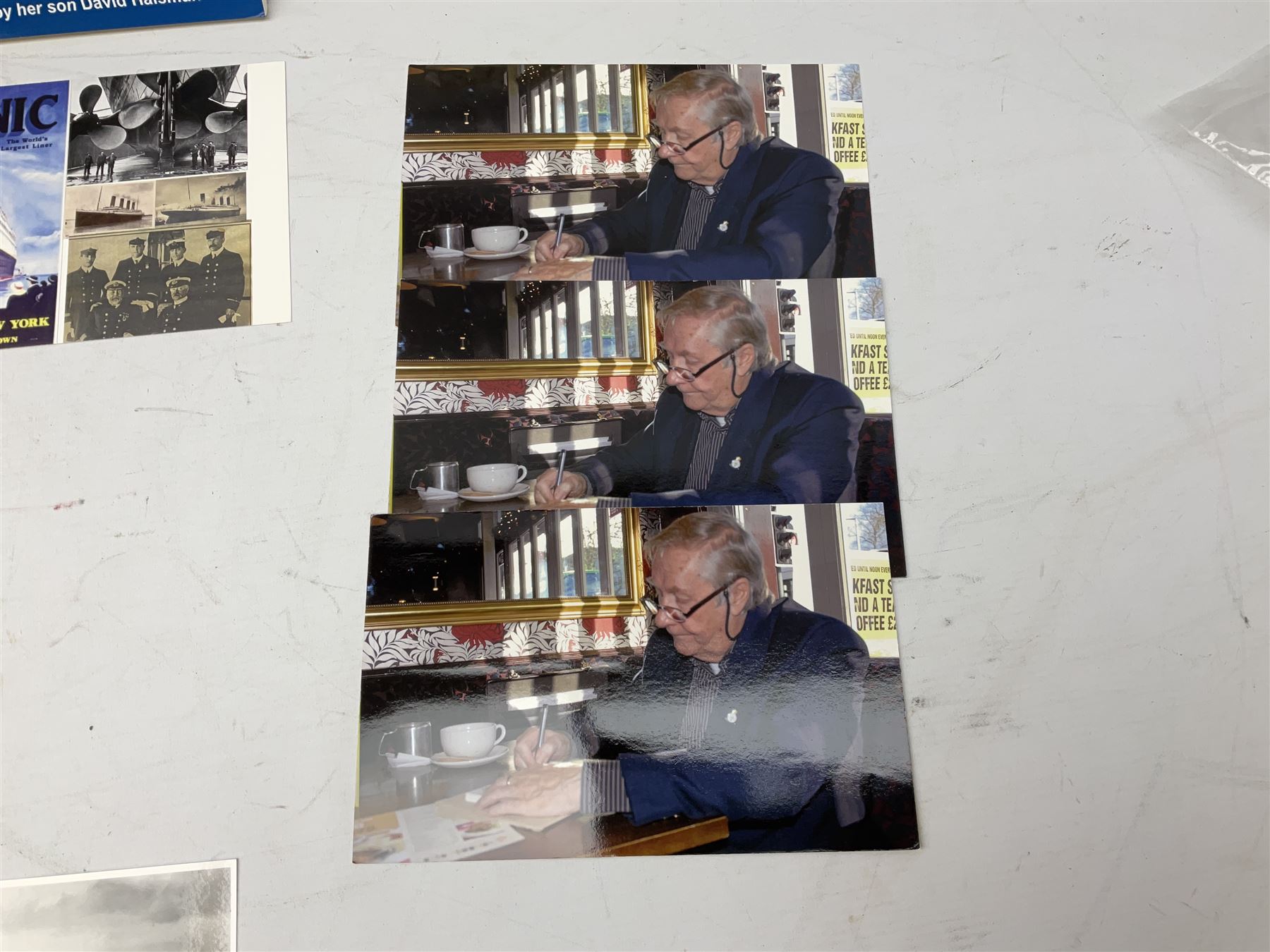 Titanic cover with Canadian cancellation signed David Haisman and cover with Queenstown cancellation signed by stamp designer, book signed David Haisman, two Titanic covers and book signed David Haisman, Titanic Facsimile postcard signed David Haisman and cover with Alderney cancellation signed by stamp designer, Biography of Edith Brown signed David Haisman (9)