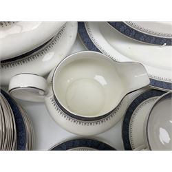 Royal Doulton Sherbrooke pattern part dinner and tea service, to include teapot, ten twin handled soup bowls and saucers, two serving platters, three twin handled covered dishes etc (63)  