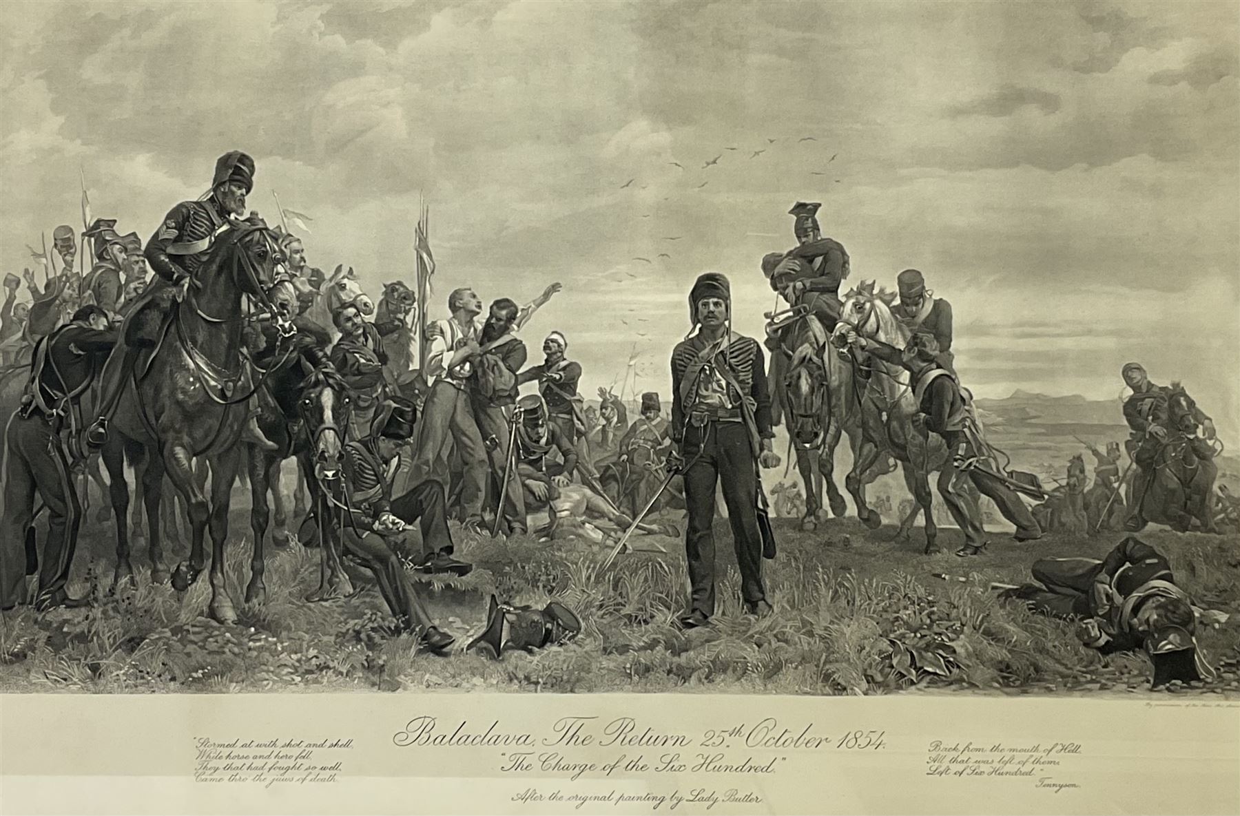 After Sir William Quiller Orchardson (Scottish 1832-1910): 'The Surrender Of Napoleon To Great Britain', monochrome print pub. 1910, 40cm x 61cm; after Elizabeth Southerden Butler (née Thompson) (British 1846-1933): 'Balaclava - The Return 25 October 1854. The Charge of the Six Hundred', monochrome print pub. 19011, 33cm x 63cm; after Andrew Carrick Gow (British 1848-1920): 'Farewell to Nelson', monochrome print 62cm x 38cm