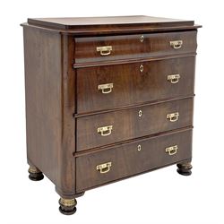 19th century figured mahogany chest, stepped rectangular top with quarter matched veneers and rounded corners, four graduating drawers separated by cushion moulding, the frieze drawer having a bombe shaped fascia, on turned feet with moulded gilt metal mounts