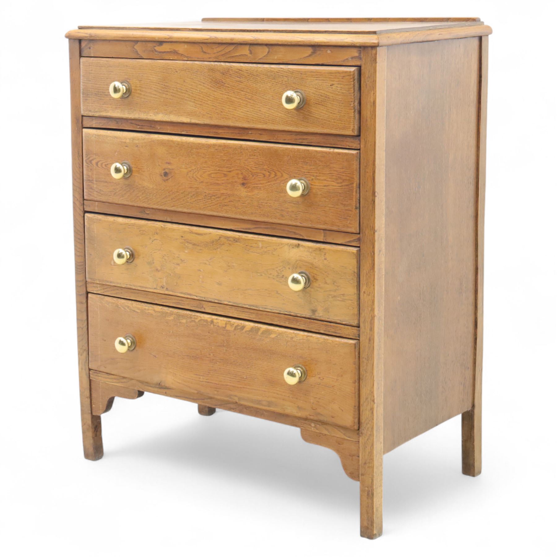 Mid-20th century elm chest, fitted with four long drawers with brass knop handles, the rectangular top with moulded edge, raised on bracket feet