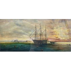 D Vincento (Continental Early 20th century): Man of War Ship at Sunset, oil on panel signed 19cm x 39cm