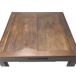 Fine 19th century Chinese Qing dynasty hmong wood mahjong or coffee table, Ming design, square top with raised moulded lip, each side fitted with small drawer, on square supports with hoof feet