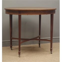  Edwardian inlaid mahogany oval occasional table, tapering supports joined by stretchers, W92cm, H76cm, D69cm  